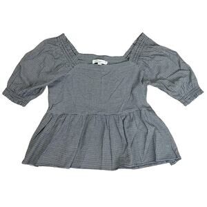 Loft Blouse Smocked Black White Gingham Puff Sleeve Square Neckline Small New